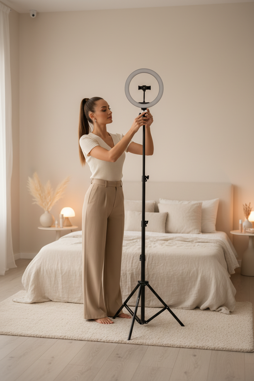 A young woman wearing a ribbed white top and beige trousers adjusts a ring light on a tripod in her bedroom.
