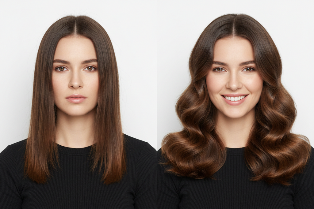 A side-by-side comparison shows the same woman showcasing a hair transformation from straight hair to voluminous, bouncy waves.