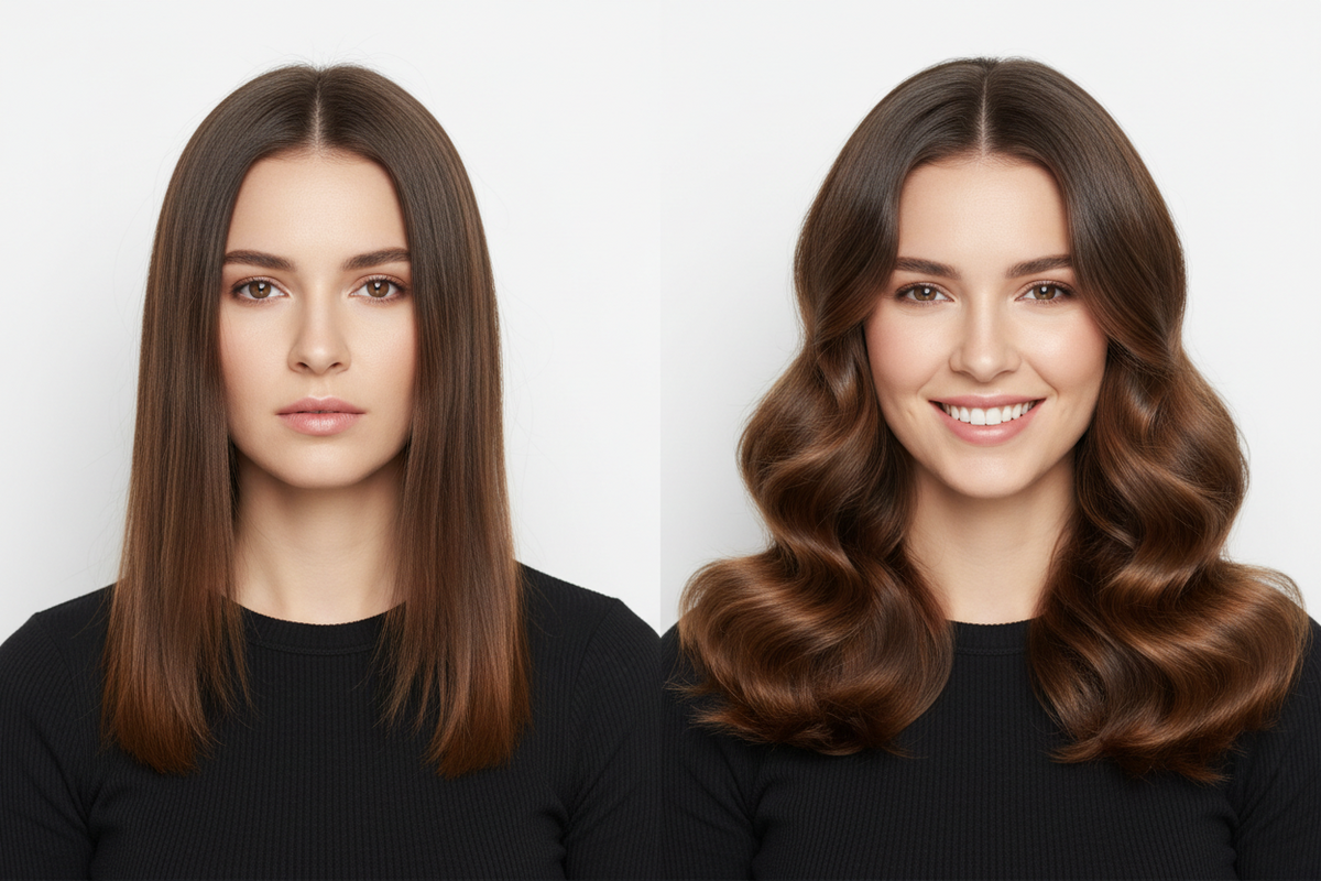 A side-by-side comparison shows the same woman showcasing a hair transformation from straight hair to voluminous, bouncy waves.