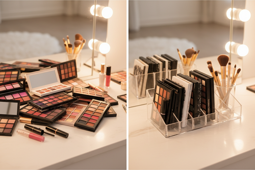 A side-by-side comparison highlights a makeup vanity before and after using a clear acrylic makeup organizer to tidy up scattered eyeshadow palettes and brushes.