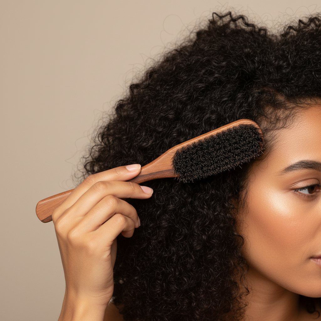 A young woman gently styles her thick, curly hair using a wooden boar bristle brush.