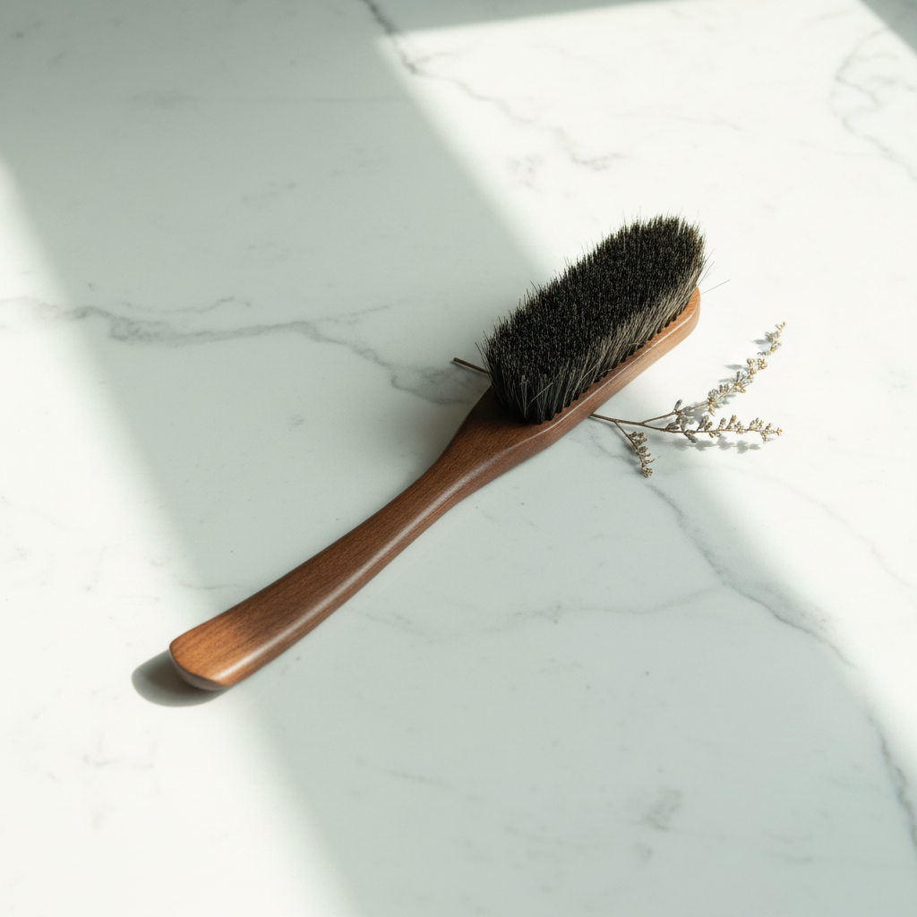 A wooden clothes brush with dark bristles rests on a white marble surface next to a delicate dried flower branch.