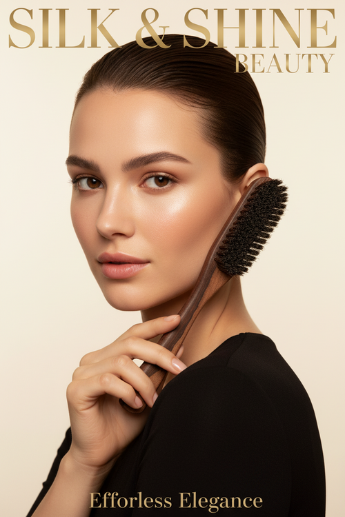 A woman with slicked-back hair holds a wooden hair brush near her face in a beauty advertisement for Silk & Shine Beauty.