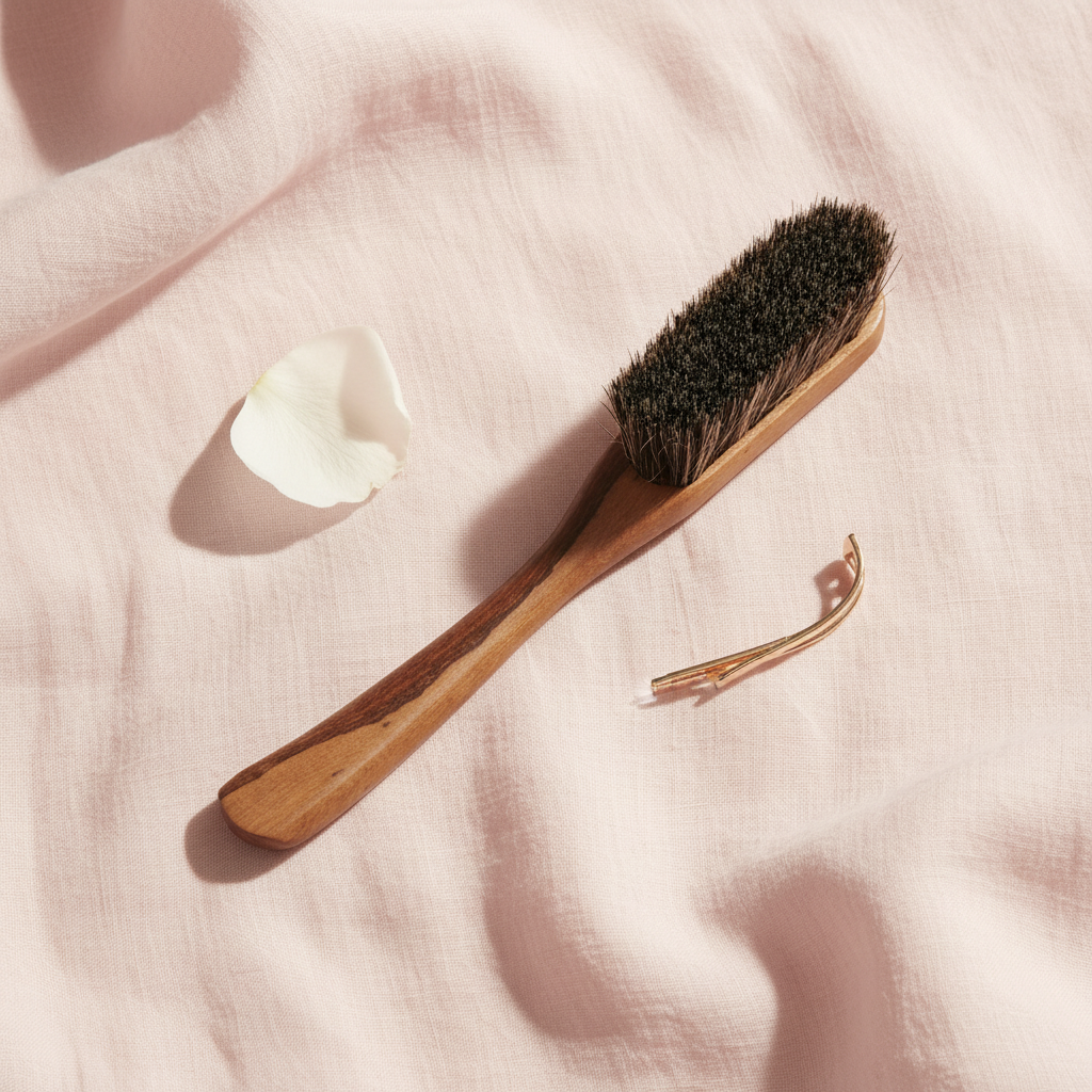 A wooden beard brush rests on a soft pink linen fabric next to a white rose petal and a gold hairpin.