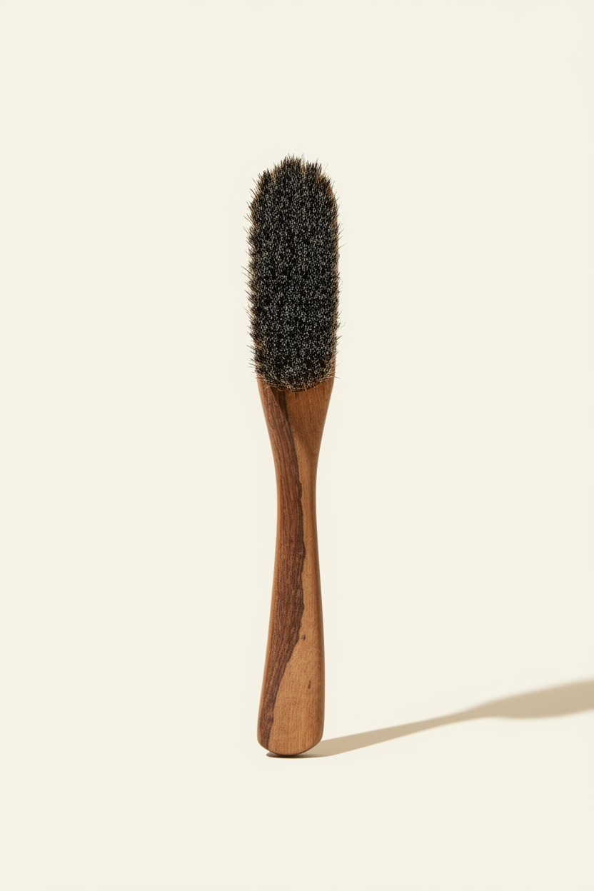 A wooden beard brush with soft dark bristles stands upright against a neutral background.