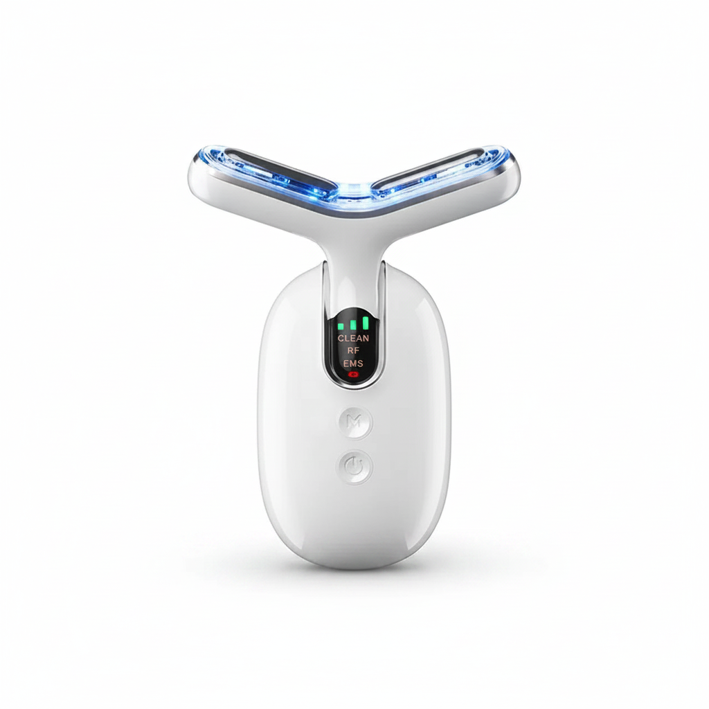 A sleek white anti-aging neck tightening device featuring blue light therapy and an LED mode display rests against a plain white background.