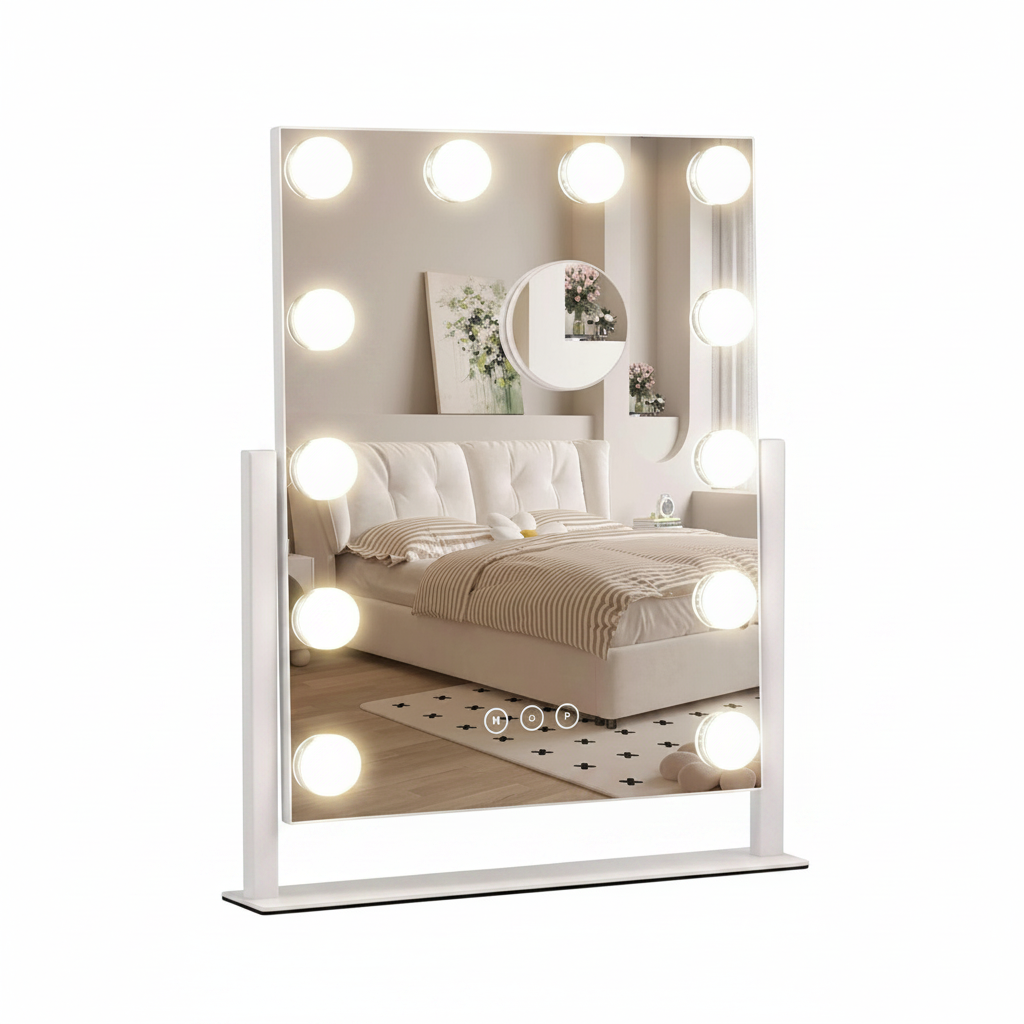 A large Hollywood vanity mirror with glowing light bulbs stands in a bright, modern bedroom, reflecting a white tufted bed and floral artwork.