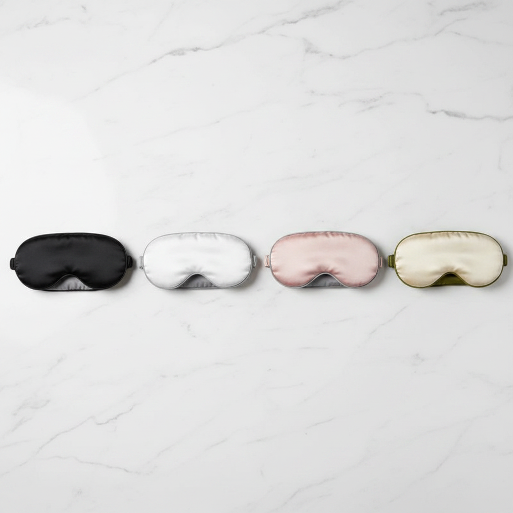 Four silk sleep masks in black, white, pink, and gold lie neatly lined up on a white marble surface.