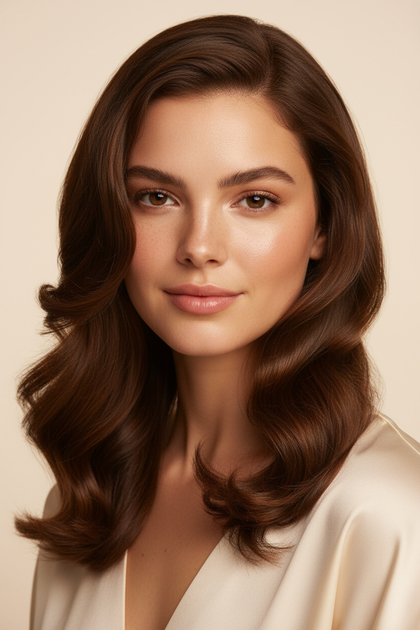 A stunning brunette model with glossy, wavy hair and natural makeup poses against a neutral background.