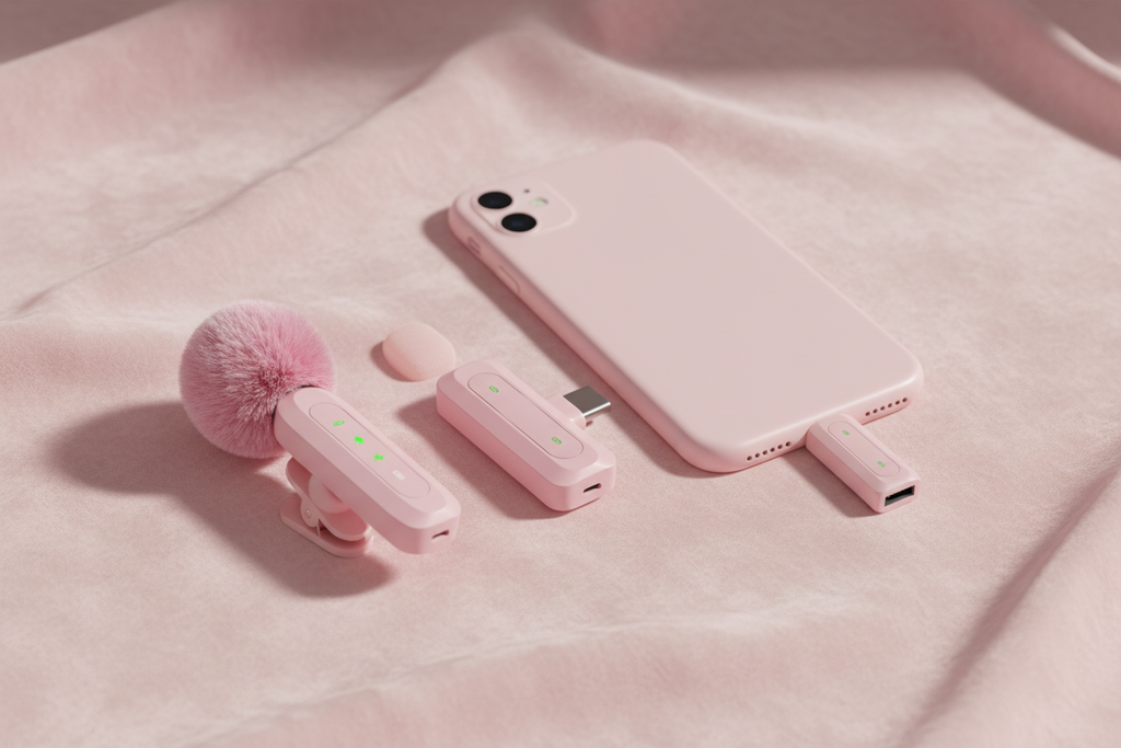 A wireless pink lapel microphone with a fluffy windscreen rests beside a matching pink smartphone on a soft fabric backdrop.