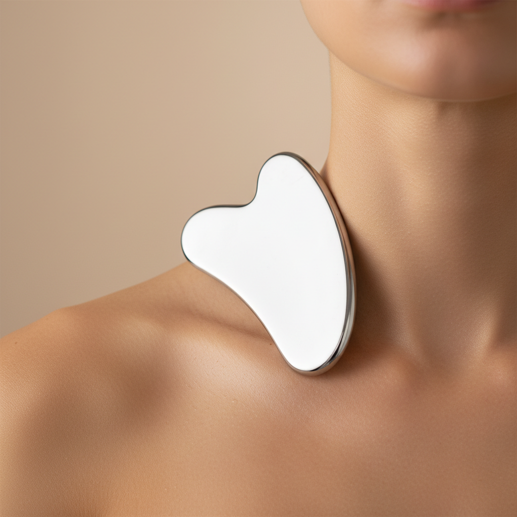 A stainless steel gua sha tool massages the neck and collarbone of a woman for lymphatic drainage.