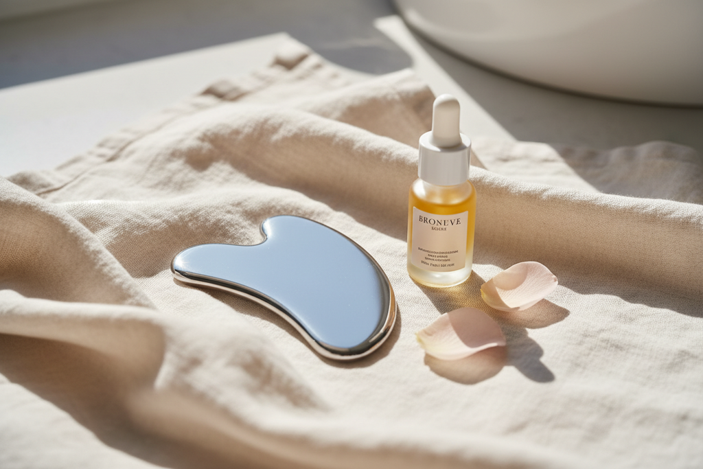 A metallic silver gua sha tool rests beside a dropper bottle of facial oil and delicate rose petals on a textured beige cloth.