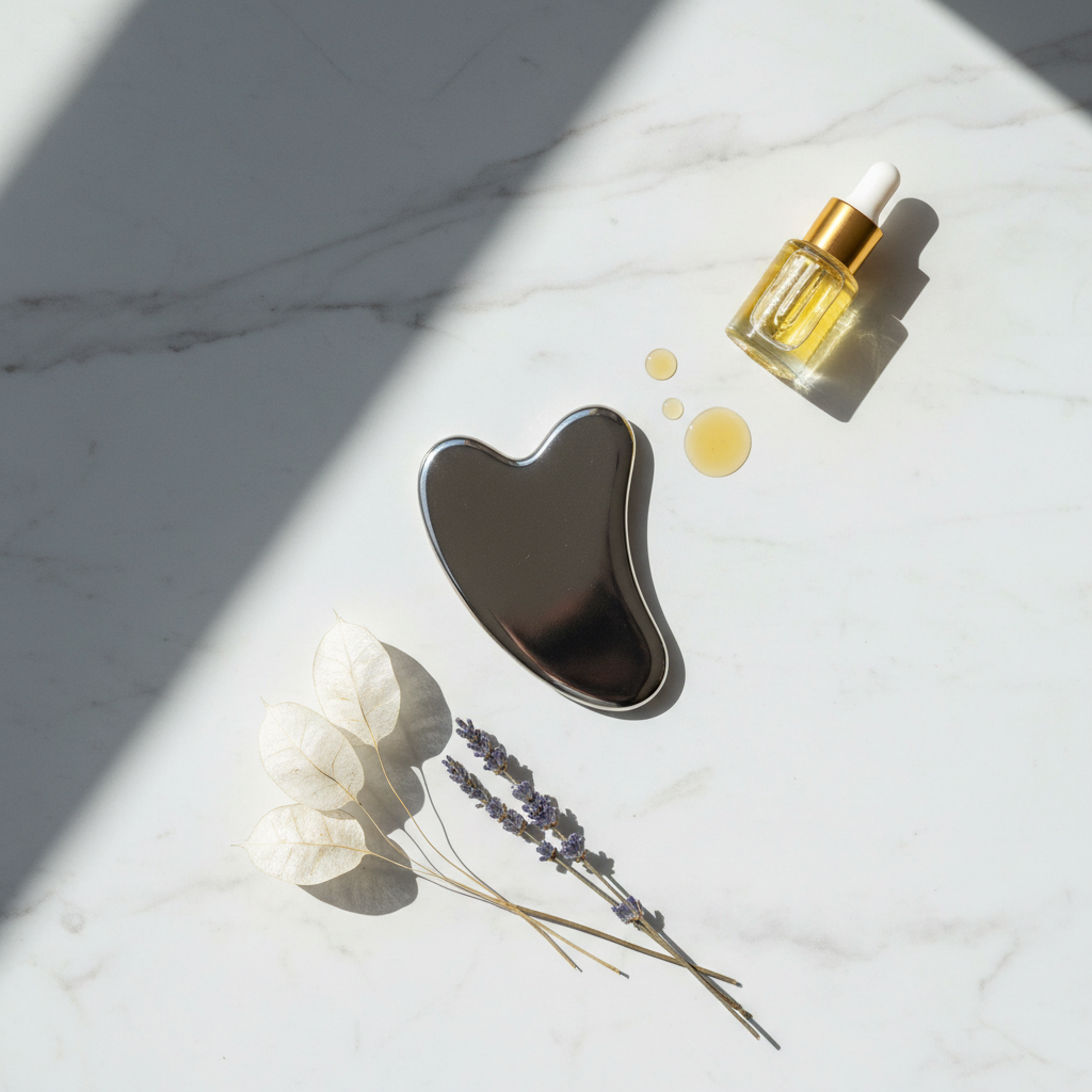 A sleek silver gua sha tool rests on a white marble surface beside a dropper bottle of golden facial oil, fresh lavender stems, and dried leaves in natural sunlight.