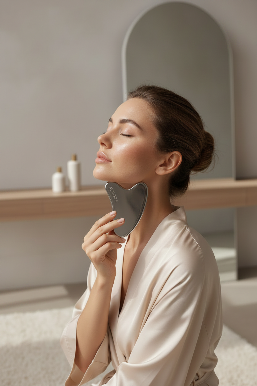 A serene woman in a satin robe performs a facial massage by gently gliding a metal Gua Sha tool along her jawline in a tranquil bedroom.