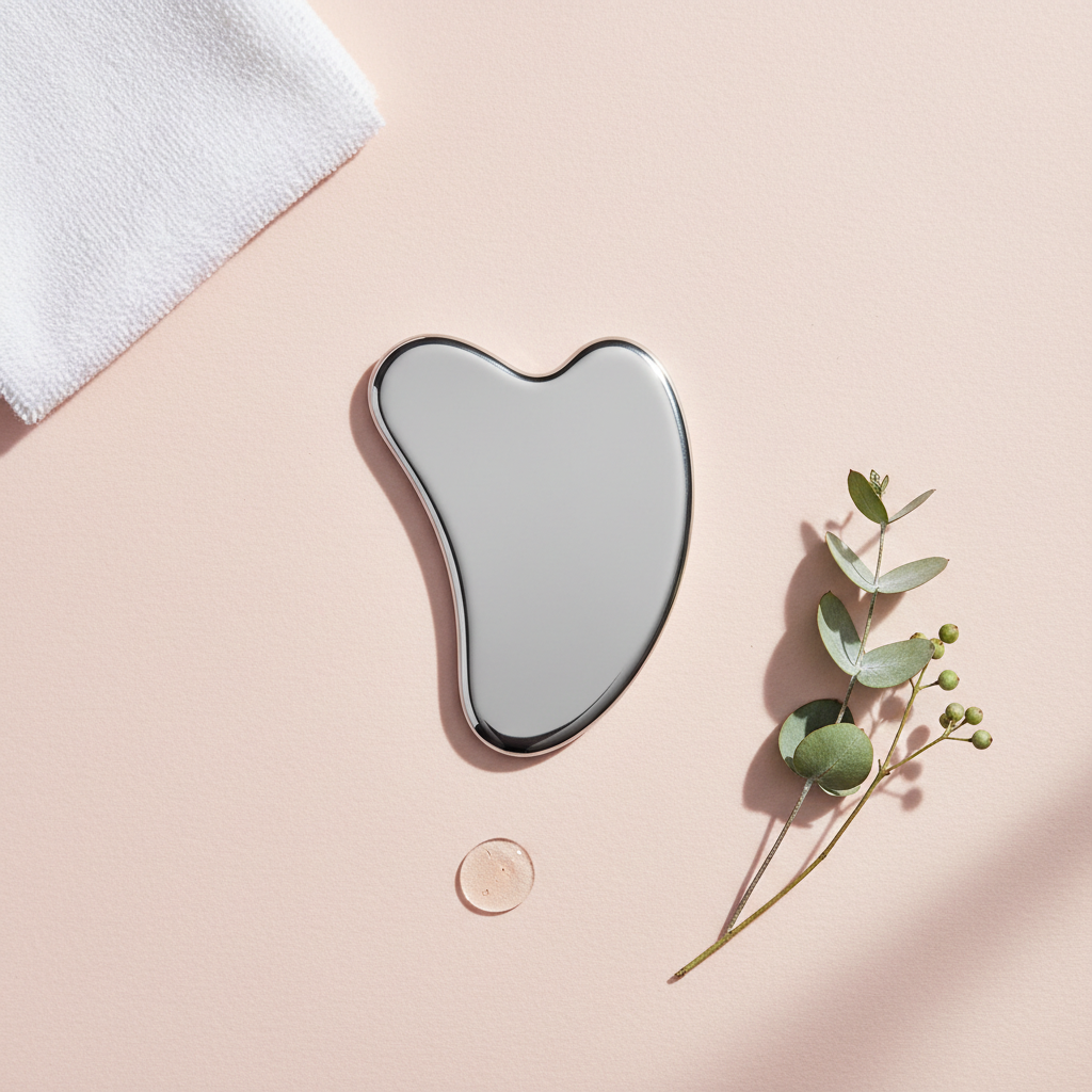 A sleek silver stainless steel facial gua sha tool rests on a soft pink surface alongside a white washcloth, a drop of serum, and a fresh eucalyptus sprig.