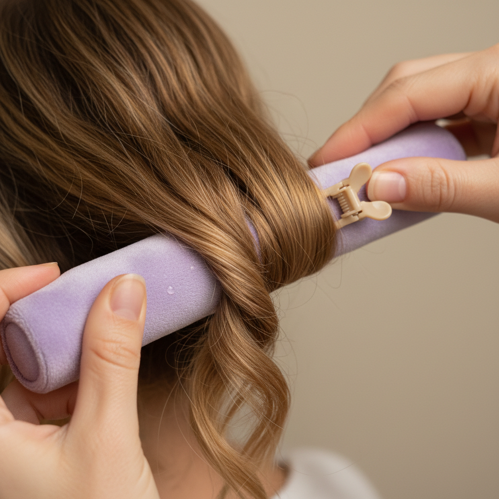 A woman carefully wraps her brown hair around a purple heatless velvet hair roller and secures it with a small beige claw clip.