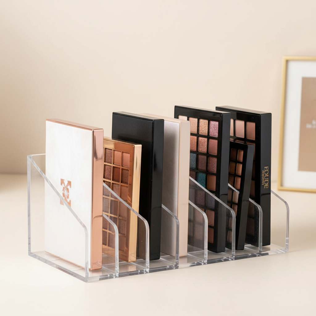 A clear acrylic makeup organizer neatly holds multiple colorful eyeshadow palettes upright on a vanity.