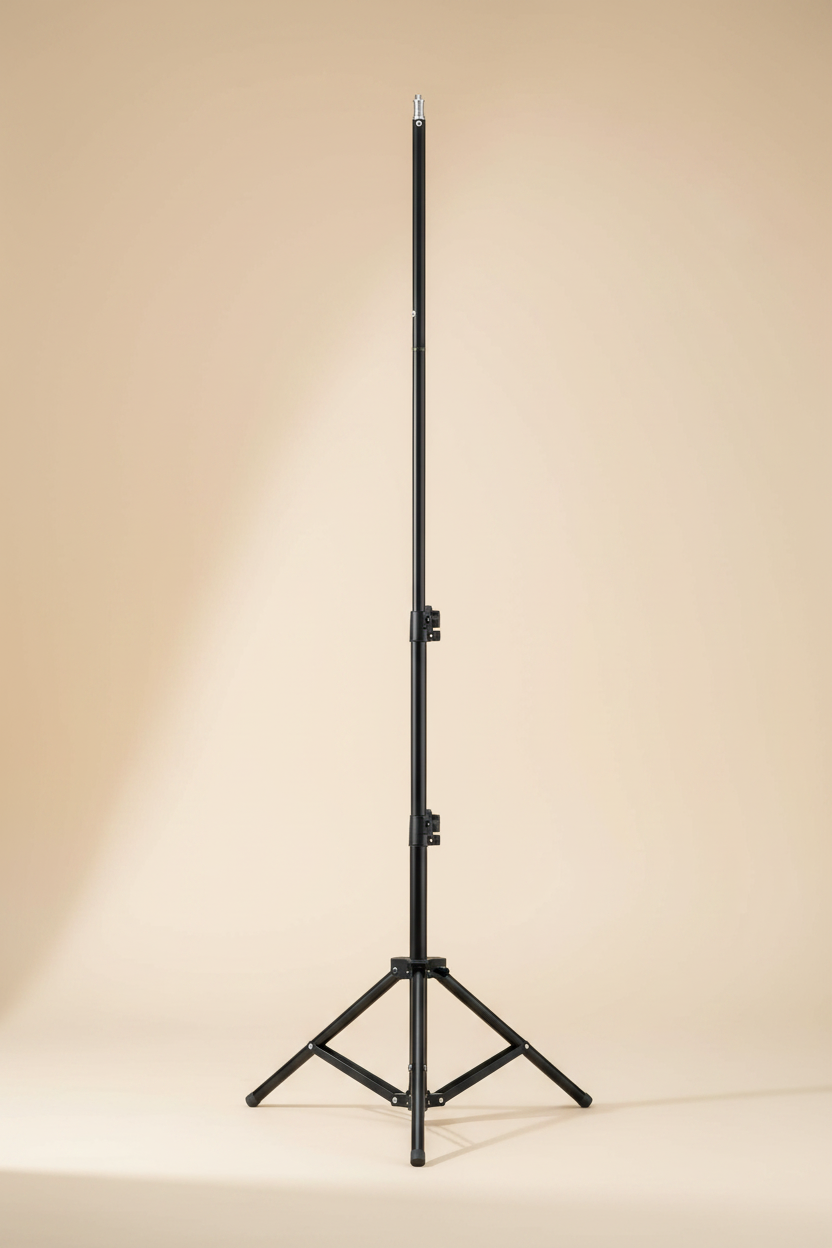 A black photographic lighting stand stands upright against a plain beige studio backdrop.