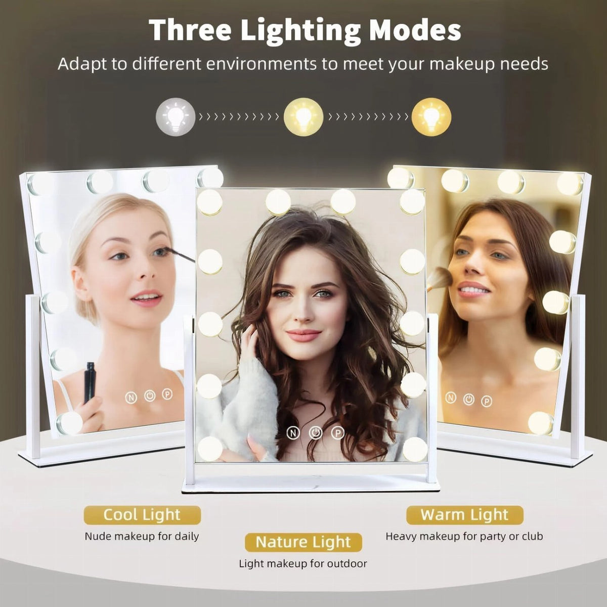 A Hollywood vanity mirror with three lighting modes showcases cool light for daily makeup, nature light for outdoor looks, and warm light for evening wear.