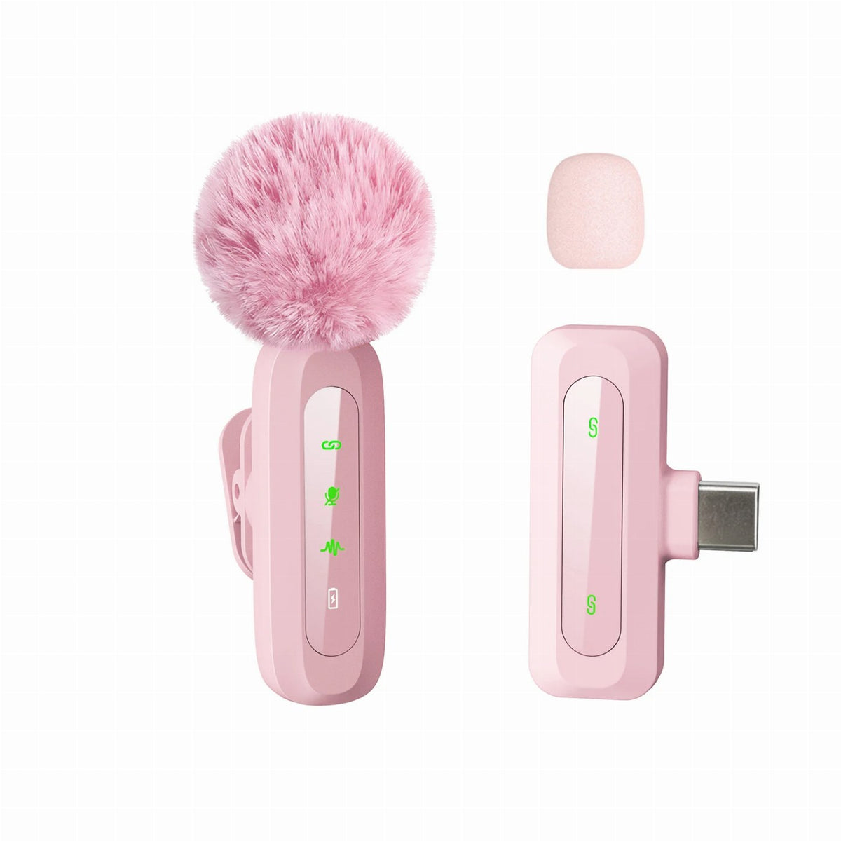 A pink wireless lavalier microphone with a fluffy wind muff stands next to its matching Type-C receiver and a spare foam cover against a white background.