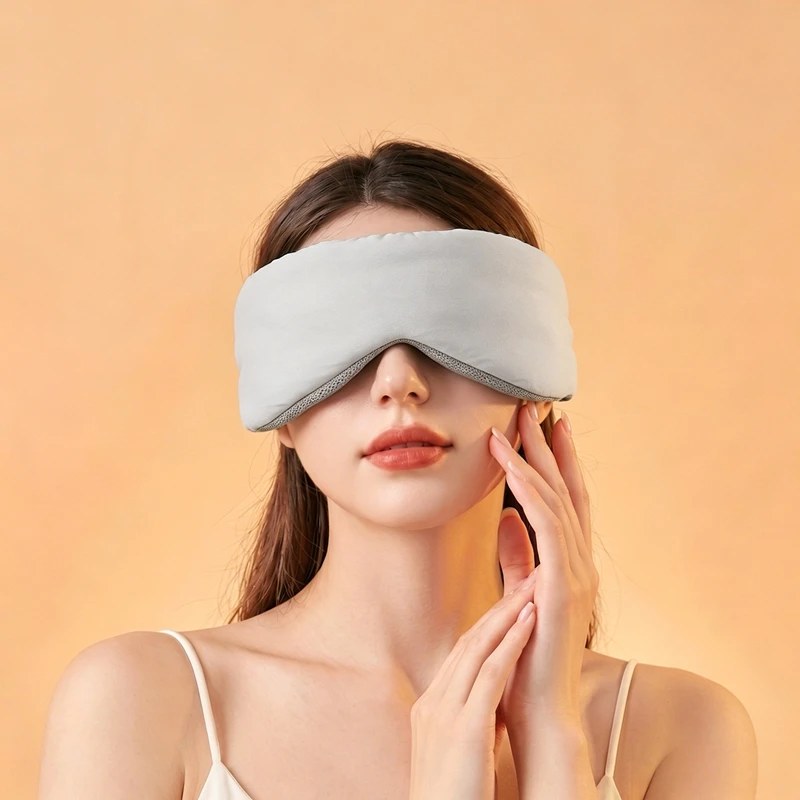 A woman wearing a soft grey sleep mask gently touches her face against a warm peach background.