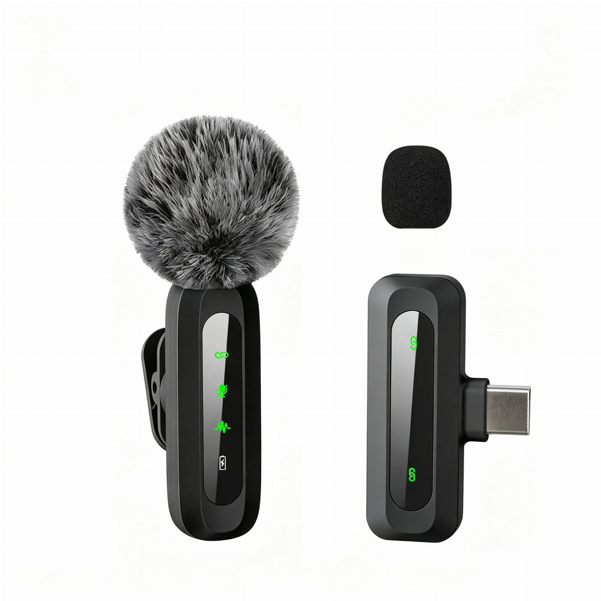 A wireless clip-on lavalier microphone with a fluffy deadcat windscreen sits next to its USB-C receiver and a small foam cover against a white background.