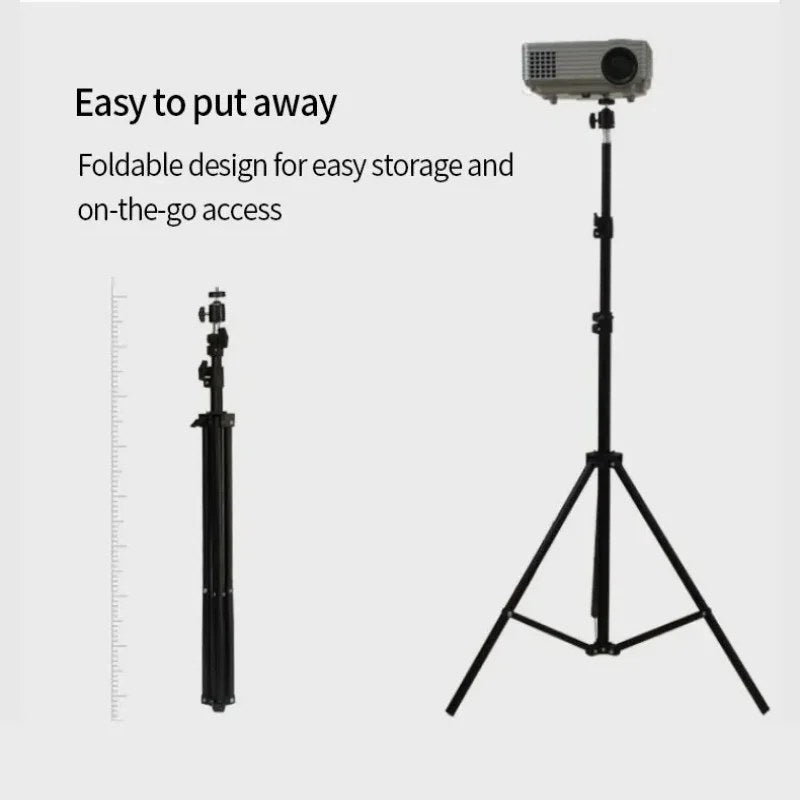A portable projector stand demonstrates its foldable design, transitioning from a compact folded state on the left to an extended tripod holding a projector on the right, accompanied by text highlighting easy storage.