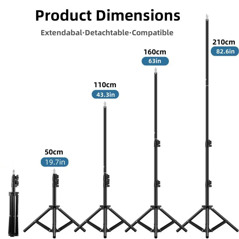 An infographic displays the product dimensions of an extendable and detachable black light stand at five height settings ranging from 50cm to 210cm.