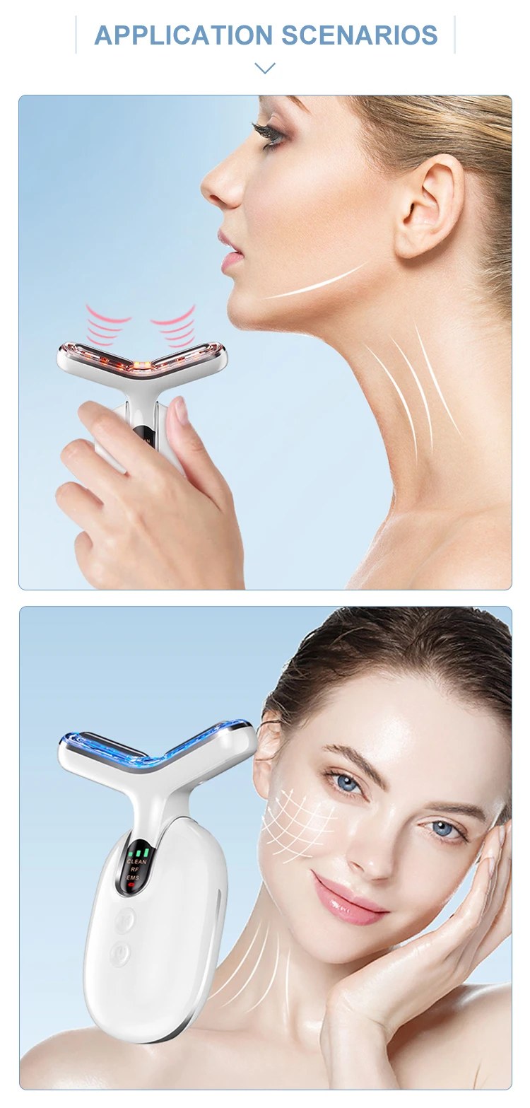 A woman uses a Y-shaped facial and neck lifting device to tighten her skin.
