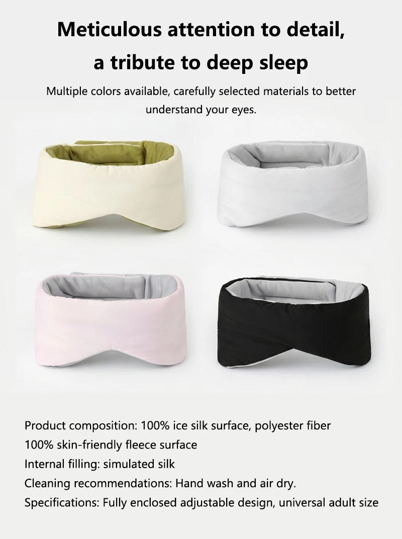 Four adjustable sleep masks in beige, white, pink, and black colors display their ice silk and fleece materials alongside product composition details.