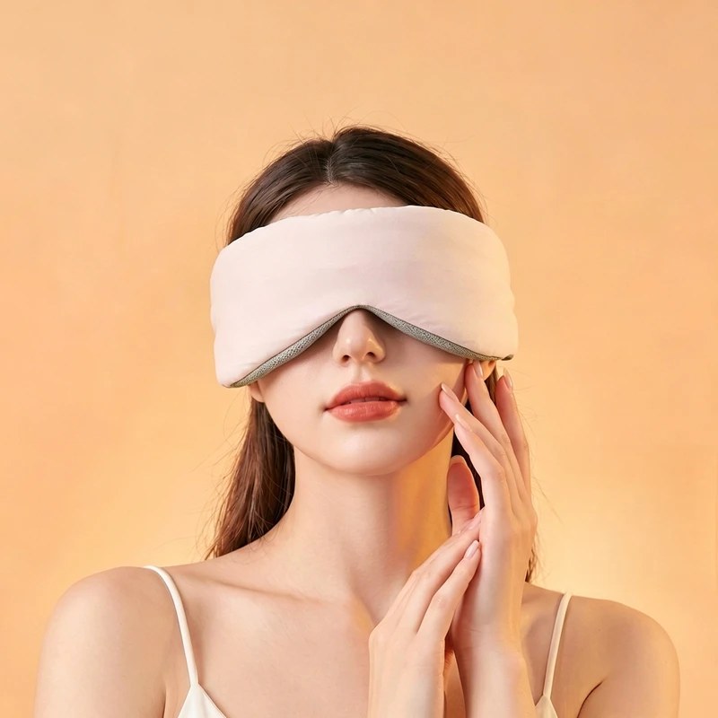 A woman relaxes while wearing a soft, padded pink sleep mask against a warm peach backdrop.