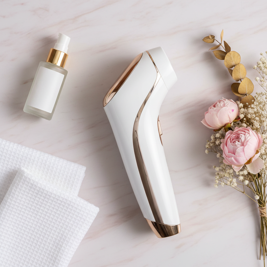 A sleek white and rose-gold IPL hair removal device rests on a marble surface alongside a skincare pump bottle, folded white towels, and a delicate bouquet of pink flowers.