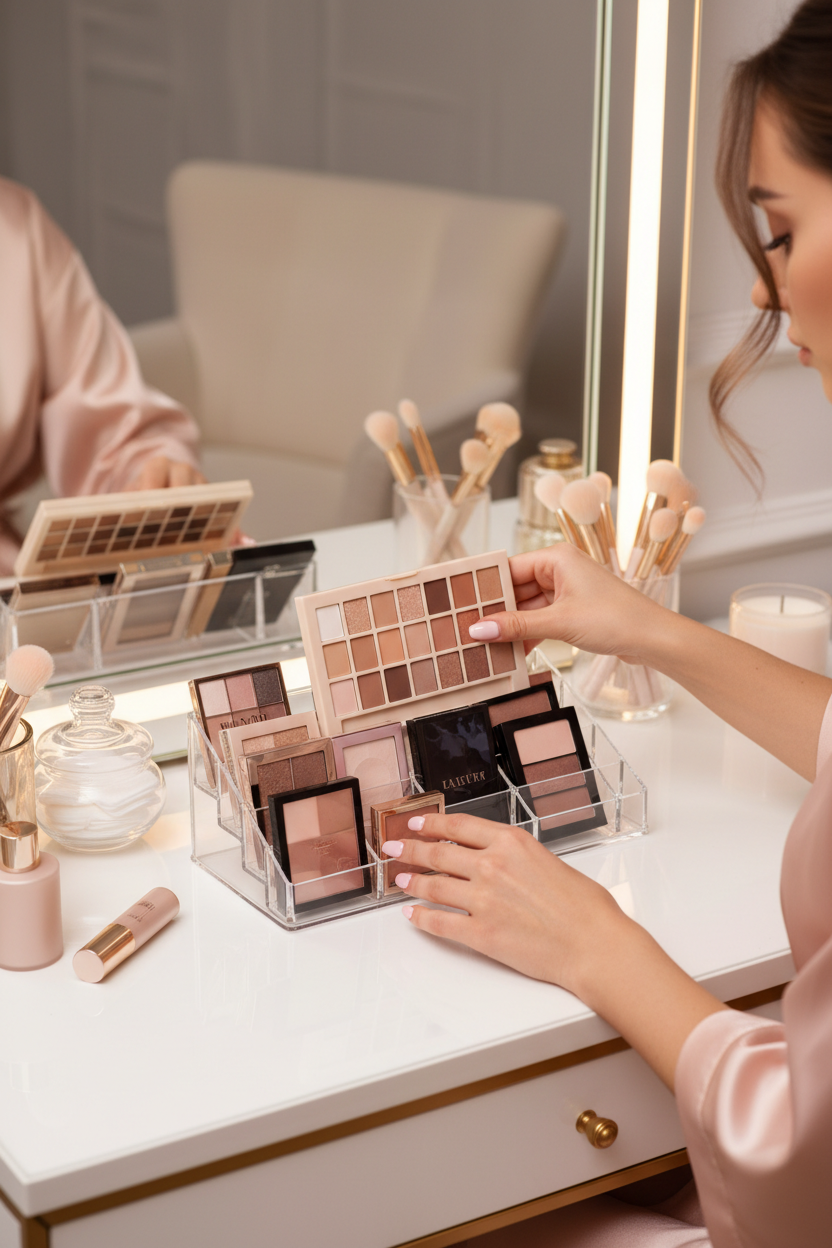 A young woman in a silky pink robe organizes her makeup collection, carefully selecting a neutral eyeshadow palette from an acrylic organizer on her vanity.