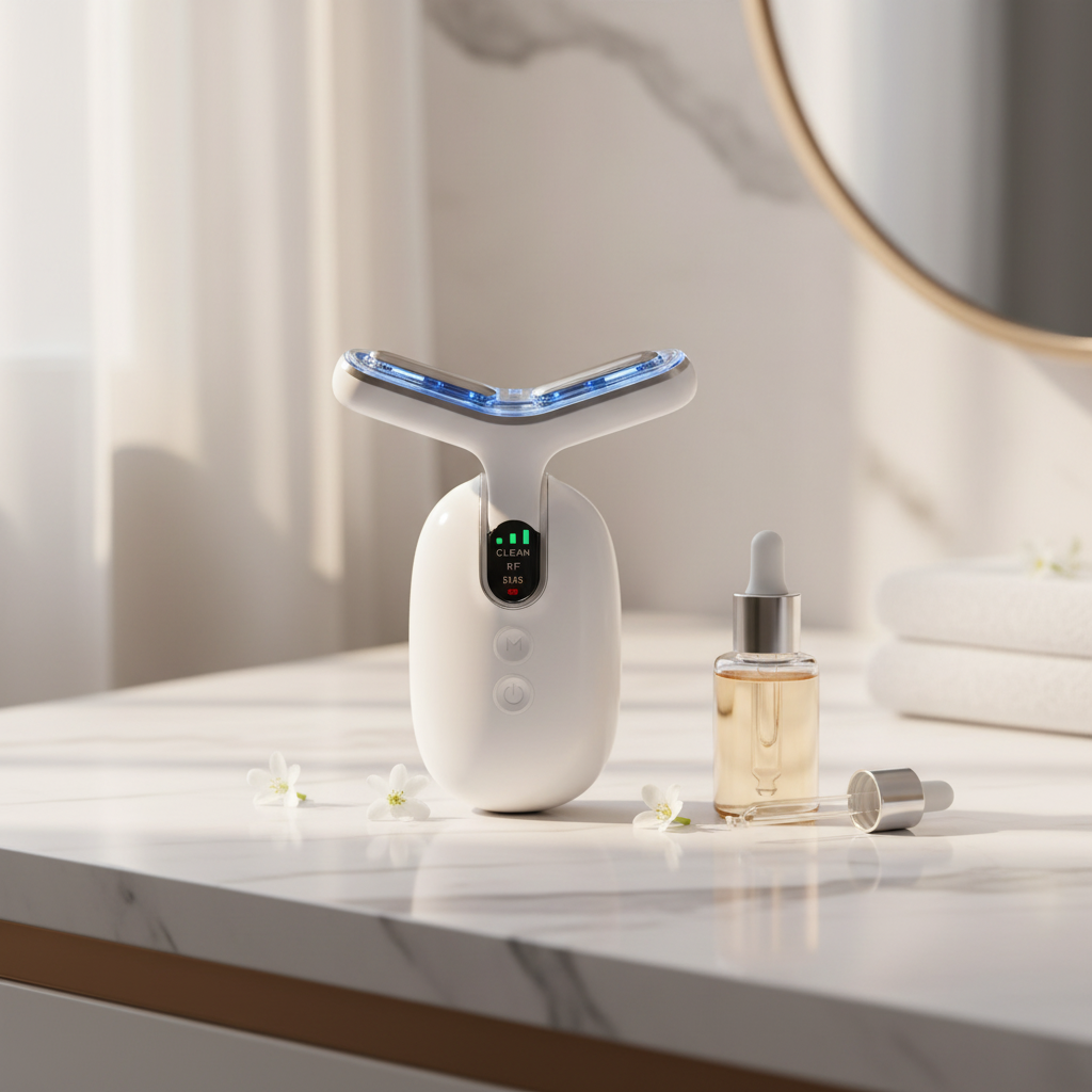 A sleek white LED neck and face tightening device sits on a marble countertop next to a bottle of facial serum and white flowers.
