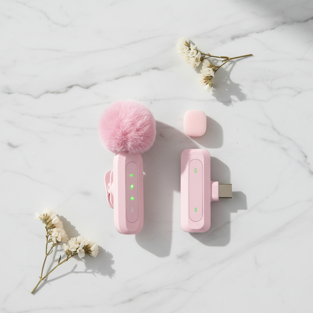 A cute pink wireless lavalier microphone with a fluffy wind muff rests on a white marble surface next to delicate dried flowers.