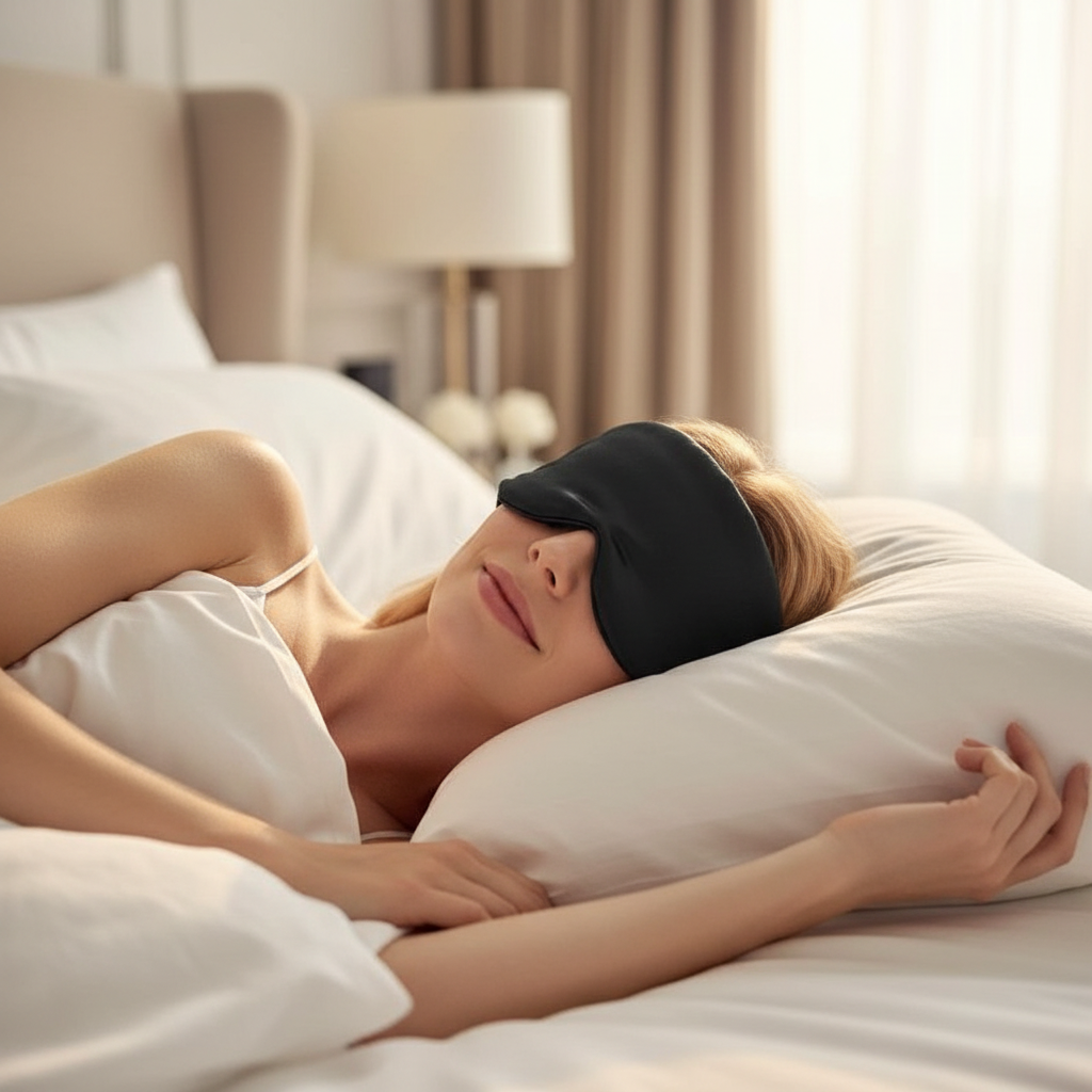 A relaxed woman in a white nightgown wears a black silk sleep mask while resting comfortably on white pillows in a sunlit bedroom.