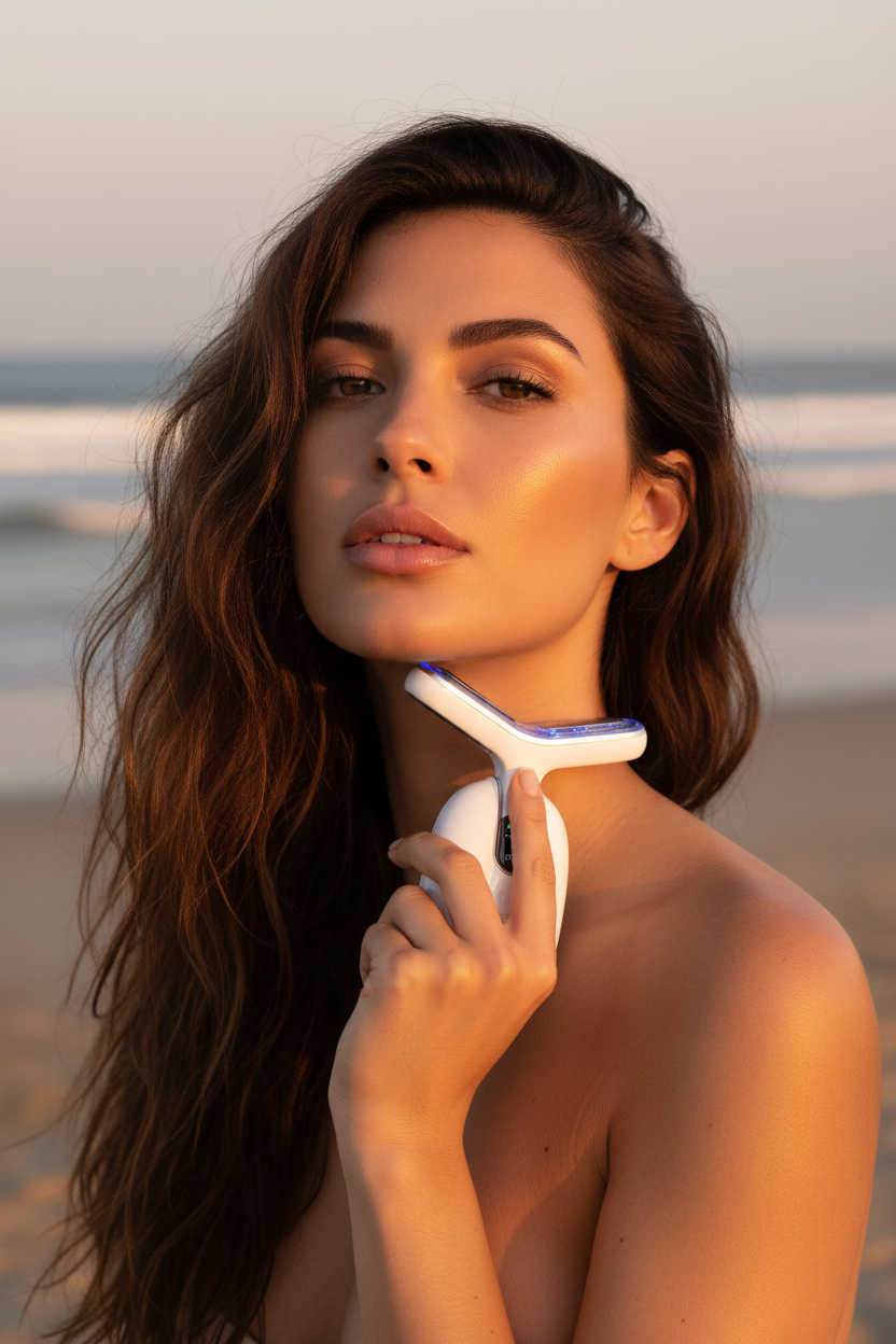 A sun-kissed woman with long brown hair uses a white LED neck firming device on the beach.