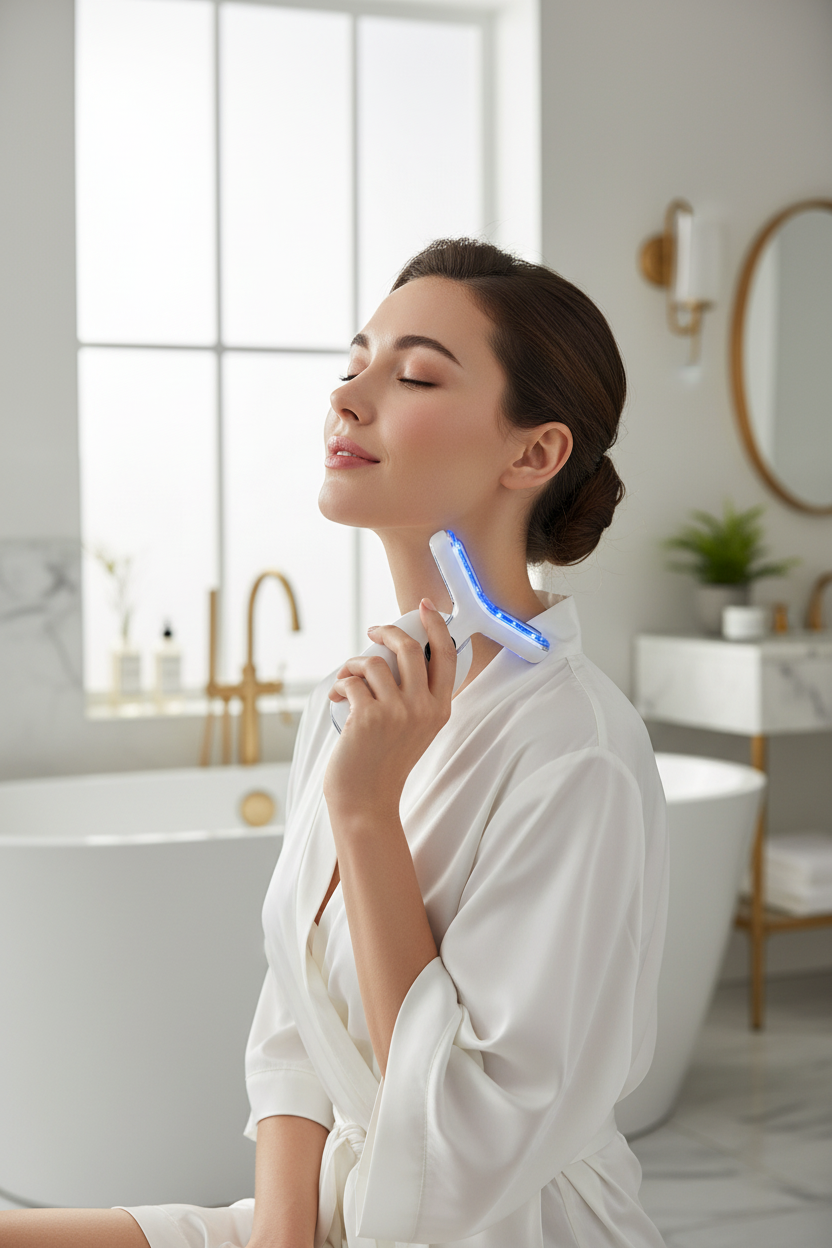 A serene woman in a white robe glides a blue light LED neck tightening device along her jawline in a bright, luxurious bathroom.