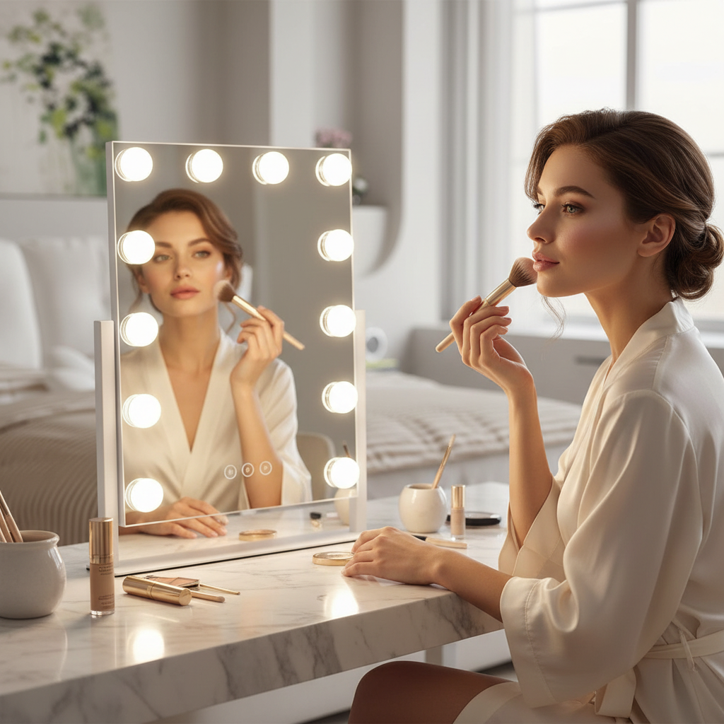 A graceful woman wearing a white robe applies makeup in front of a Hollywood vanity mirror with glowing bulb lights.