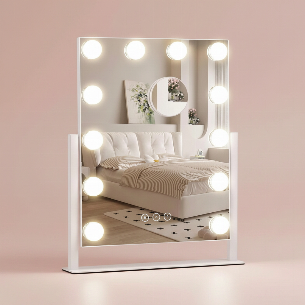 A large, rectangular Hollywood vanity mirror with ten illuminated round LED bulbs stands upright on a white stand in a softly lit bedroom.