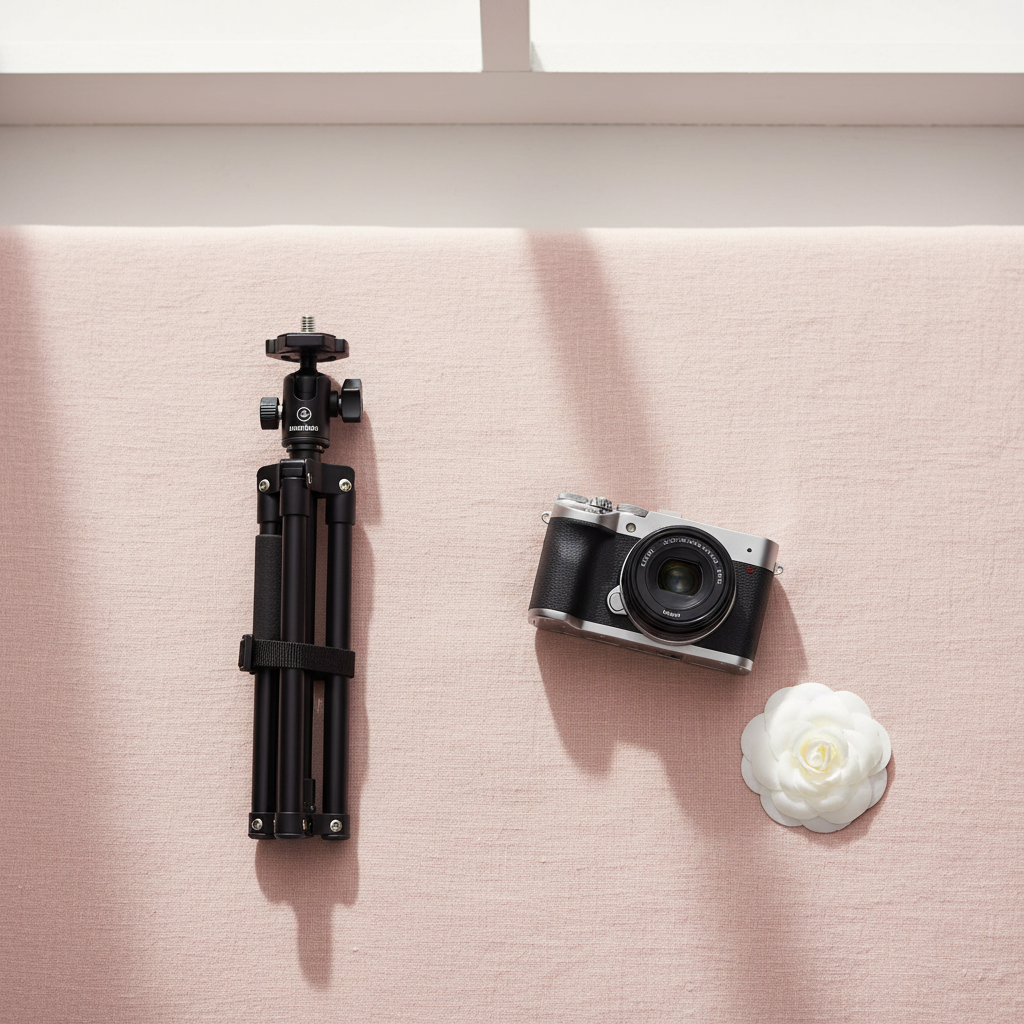A compact black tabletop tripod rests beside a silver mirrorless camera and a white artificial flower on a soft pink surface.