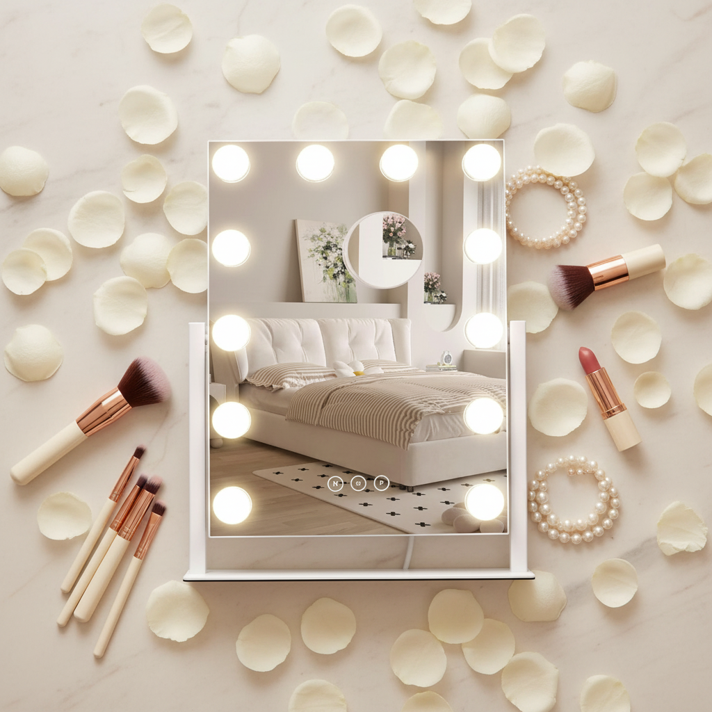 A Hollywood vanity mirror with glowing light bulbs is surrounded by makeup brushes, pearls, and scattered white rose petals.