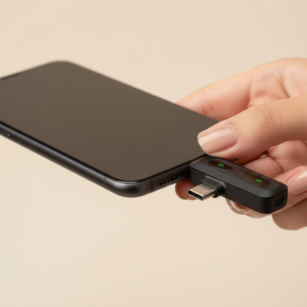 A hand plugs a black USB-C wireless microphone receiver into the charging port of a smartphone against a neutral beige background.