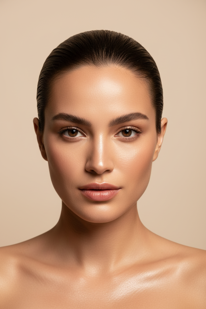 A woman with sleek, dark hair and glowing skin gazes directly forward against a neutral background.