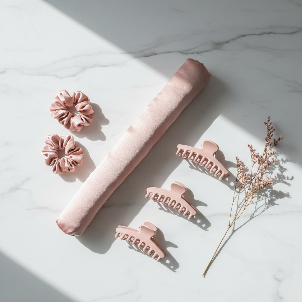 A pink heatless hair curling rod, two matching silk scrunchies, and three matte claw clips rest neatly on a white marble surface alongside a delicate sprig of dried flowers.