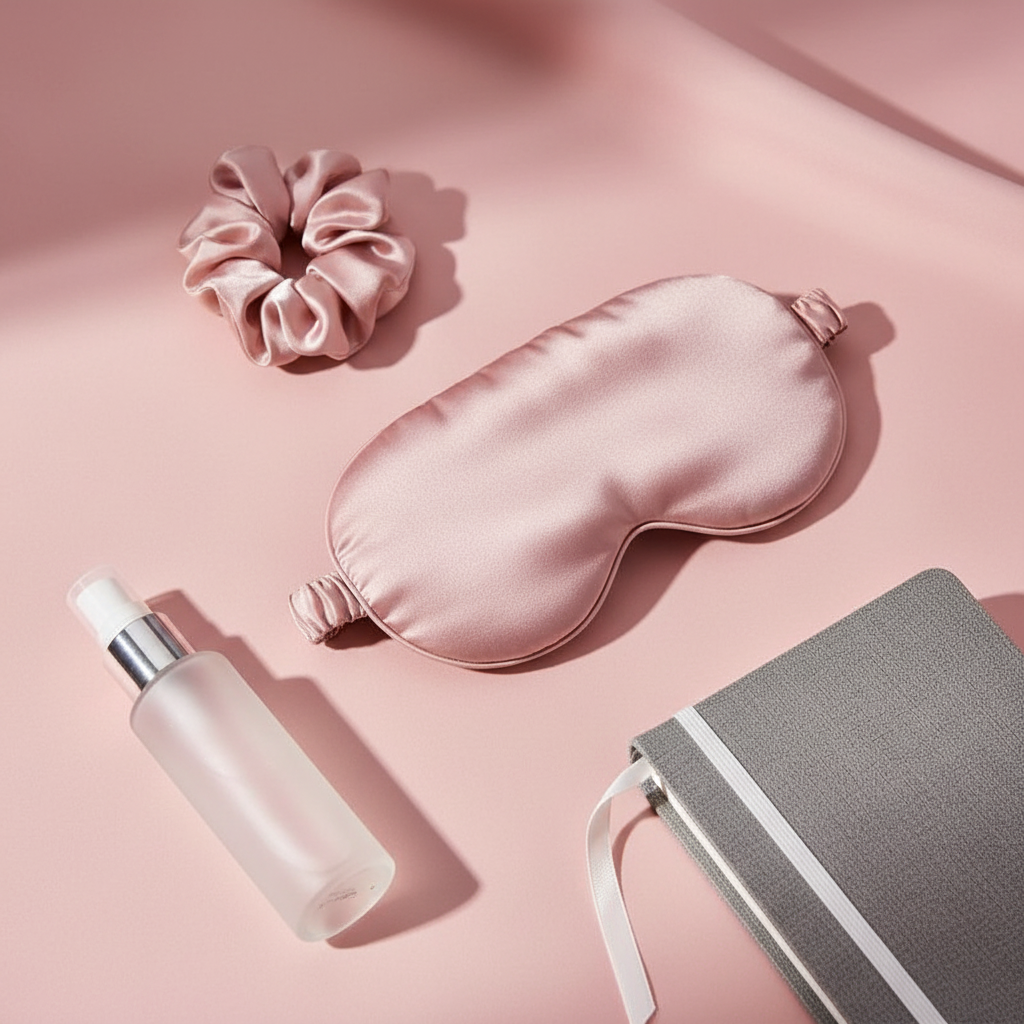 A pink silk sleep mask rests alongside a matching scrunchie, a frosted skincare bottle, and a grey journal on a soft pink background.